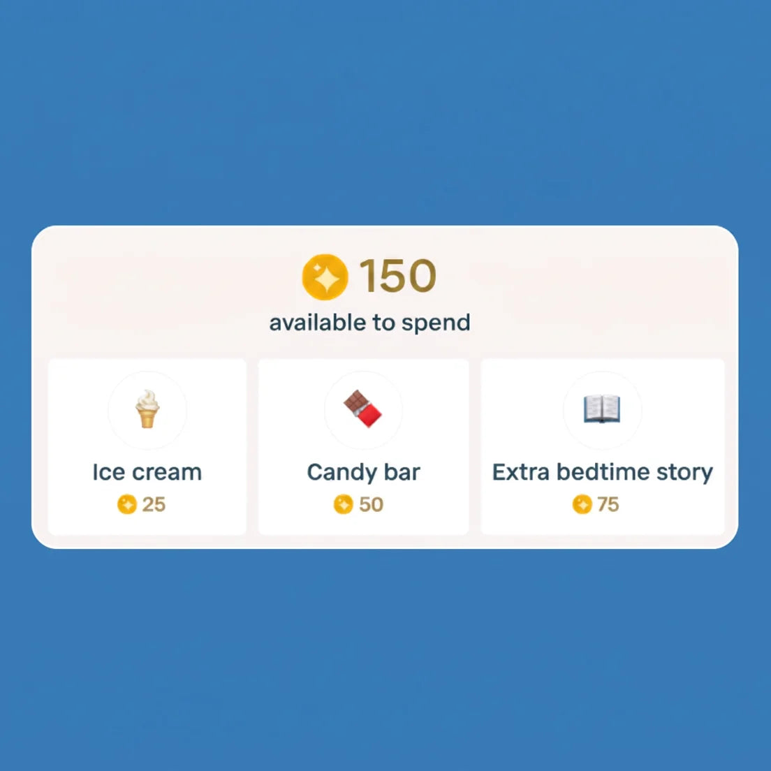 A smart screen interface showing a kids' reward points system with options like ice cream, candy bar, and extra homework, designed to motivate children to complete daily tasks.