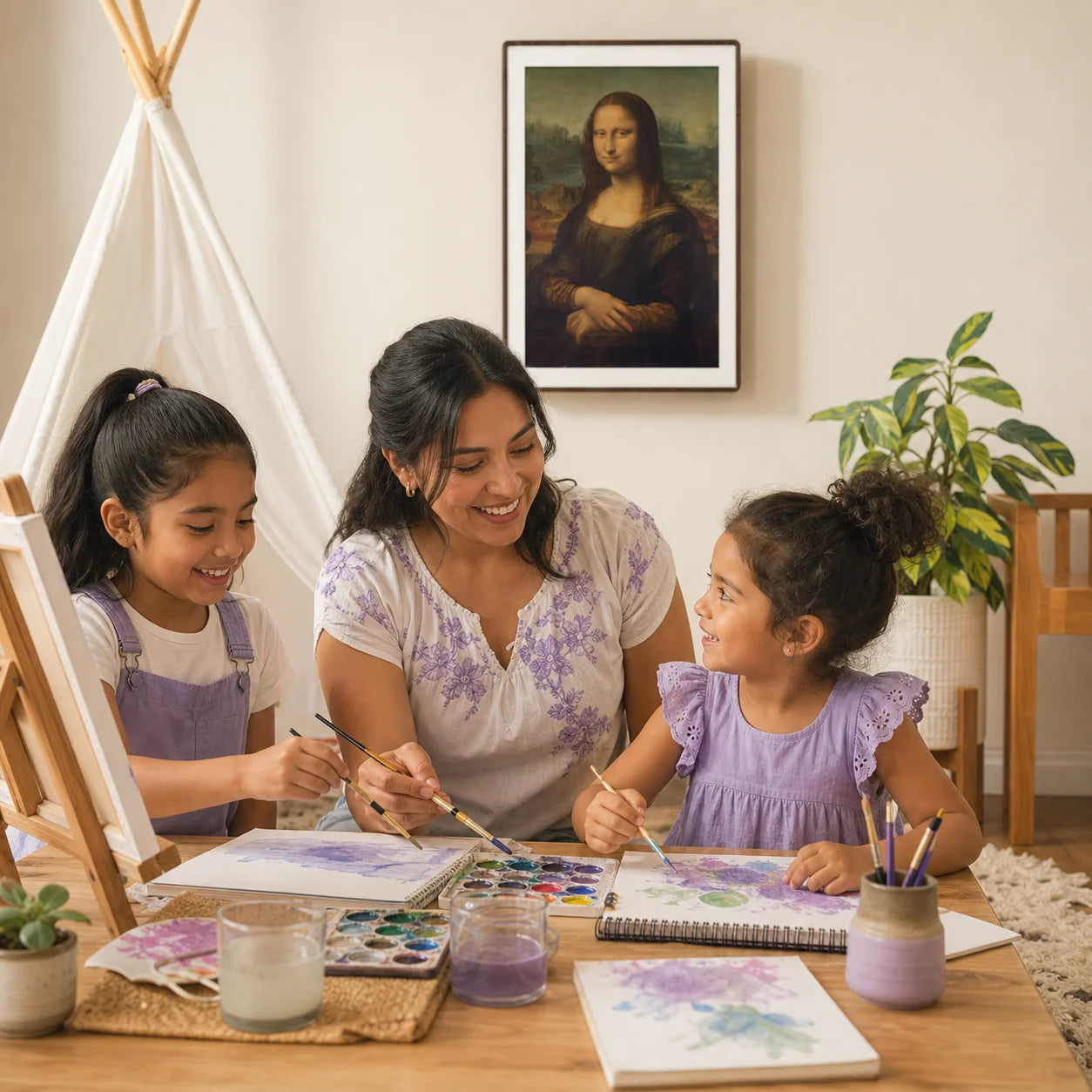 A family of four sitting on a living room sofa interacting with a wall-mounted smart display featuring a family management app, showcasing a modern smart home lifestyle.