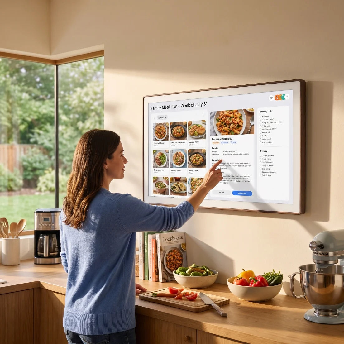 A woman in a kitchen touching a large wall-mounted smart screen to plan family meal schedules, with the screen displaying rich food images and menus.