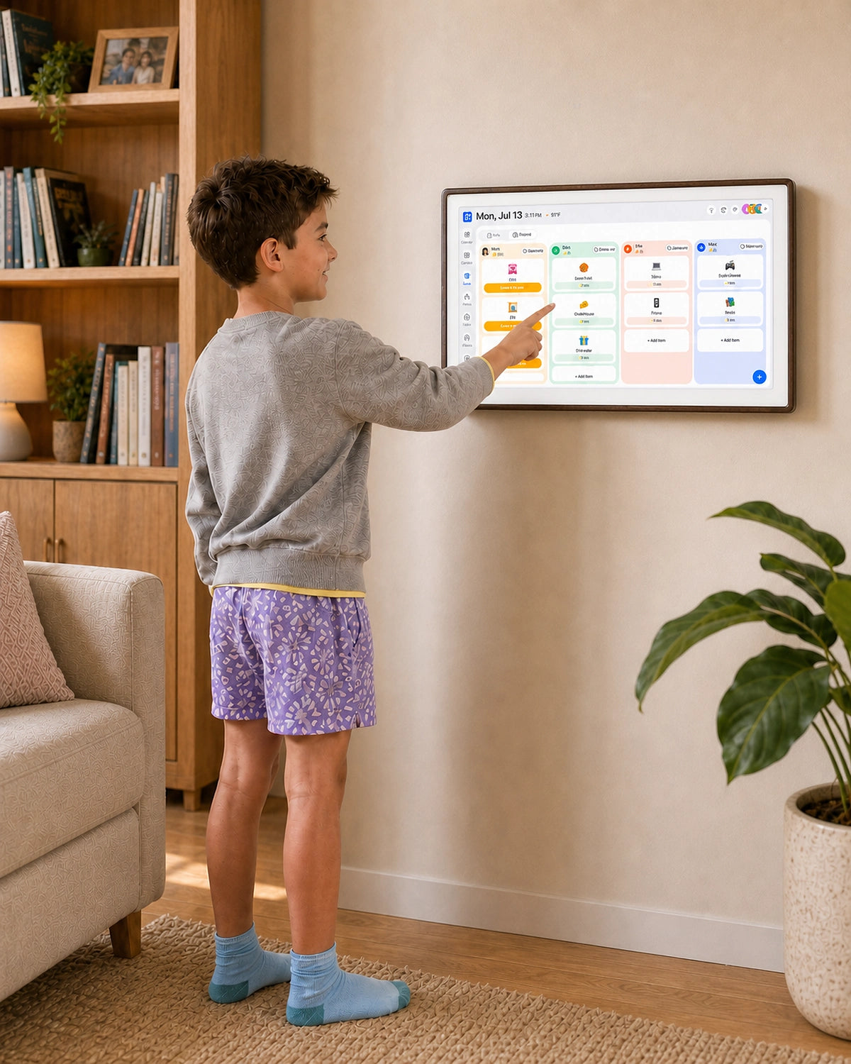 Child using a wall-mounted smart family planner with a white panel and walnut frame