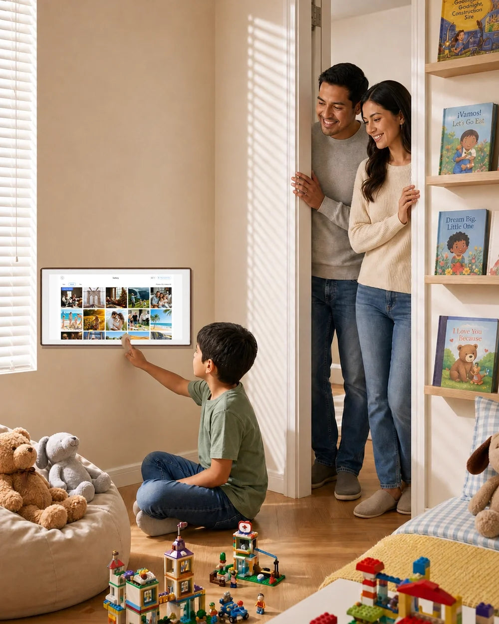 Latino family watches their son use a 27-inch walnut-frame digital family calendar showing a family photo gallery.