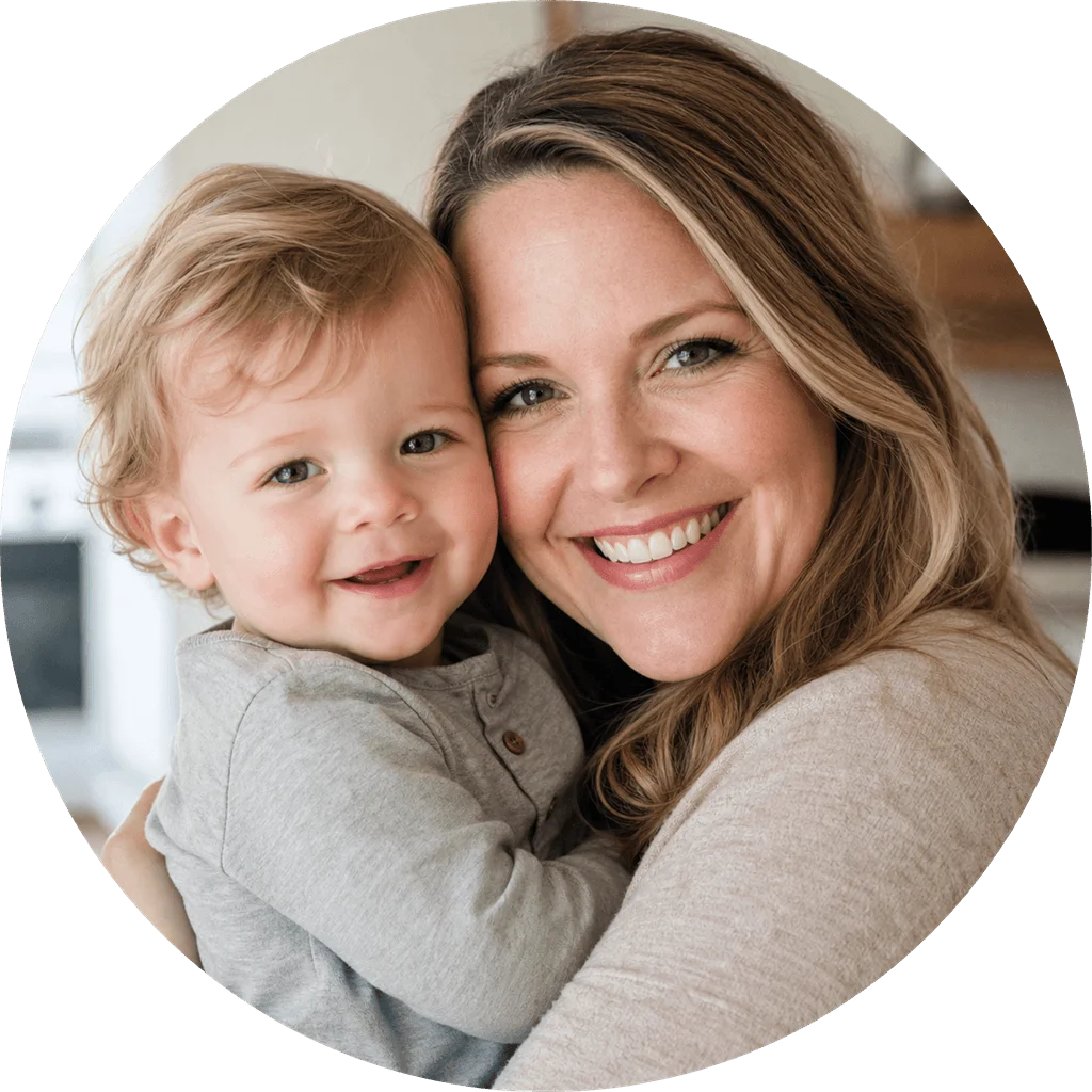 Smiling mother holding her young child