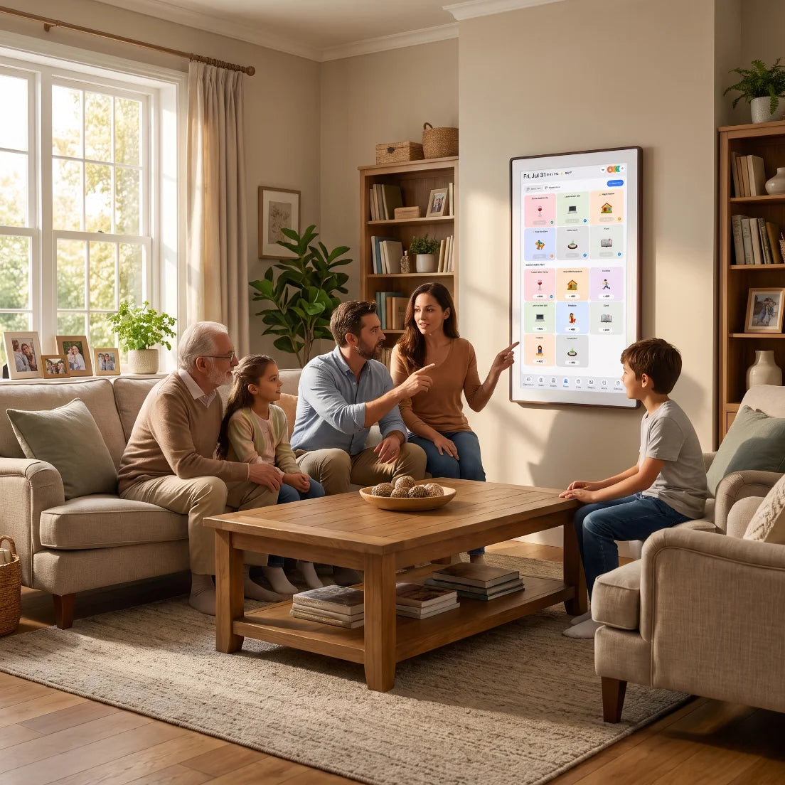 A family sitting on a sofa looking at a large smart screen on the wall, displaying family plans or entertainment, emphasizing family connectedness in smart homes.