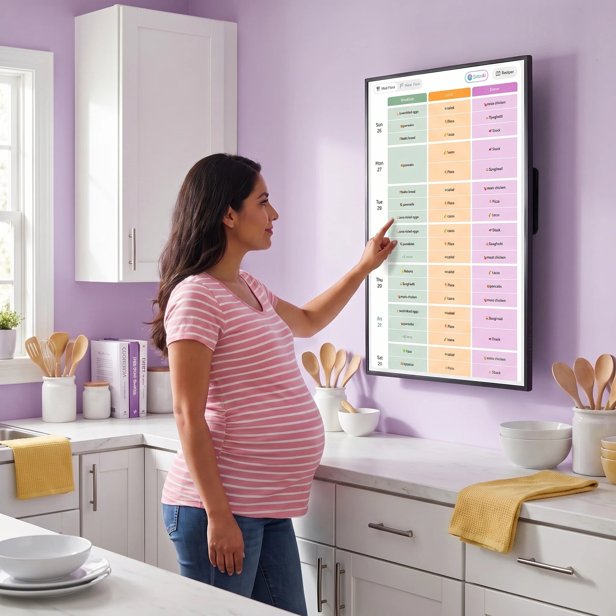 A young girl in a bright bedroom touching a wall-mounted smart display to adjust her schedule or view photos, demonstrating smart home usability for children.
