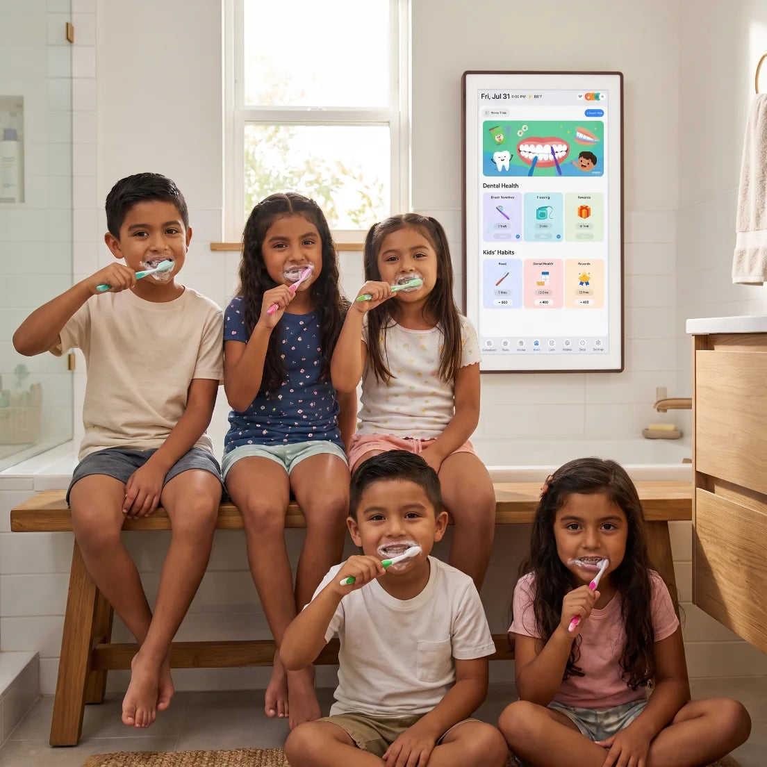 Four children sitting together posing for a photo with a vibrant family activity interface displayed on the smart screen behind them, creating a positive and sunny atmosphere.