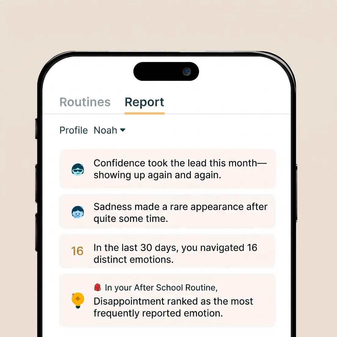 A mobile app showing the Routines Report daily activity interface, featuring emotion tracking statistics and specific behavioral logs for personal health insights.
