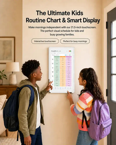 Two children using a 21.5-inch White kids routine chart and smart display in a family entryway.
