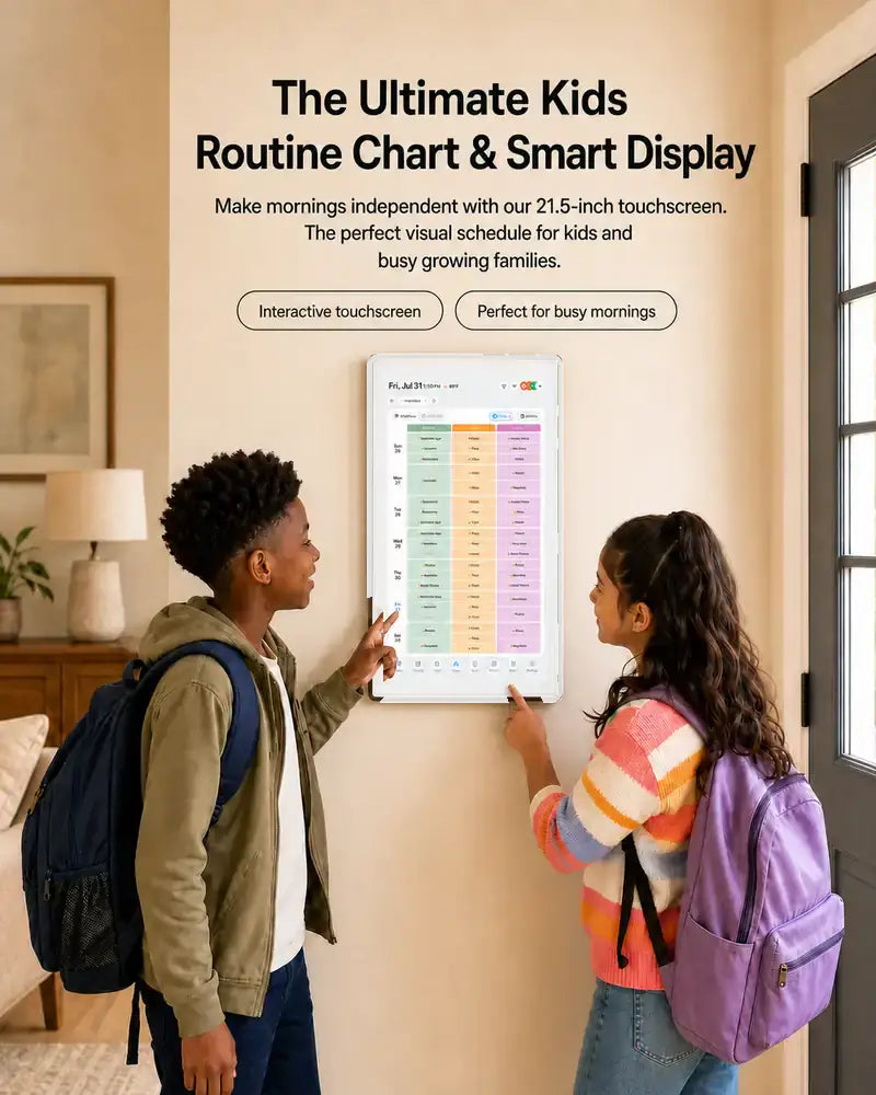 Two children using a 21.5-inch White kids routine chart and smart display in a family entryway.