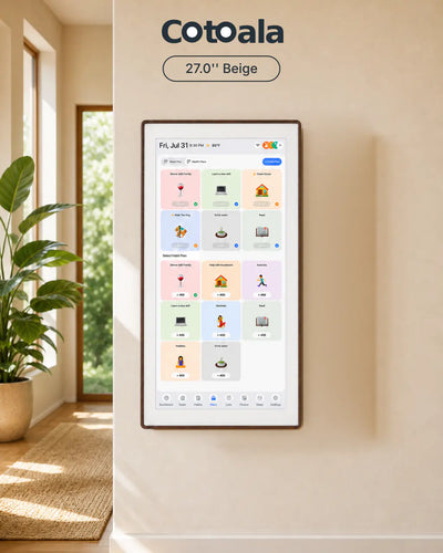 Cotoala 27.0-inch beige smart wall display mounted in a warm, sunlit home interior.