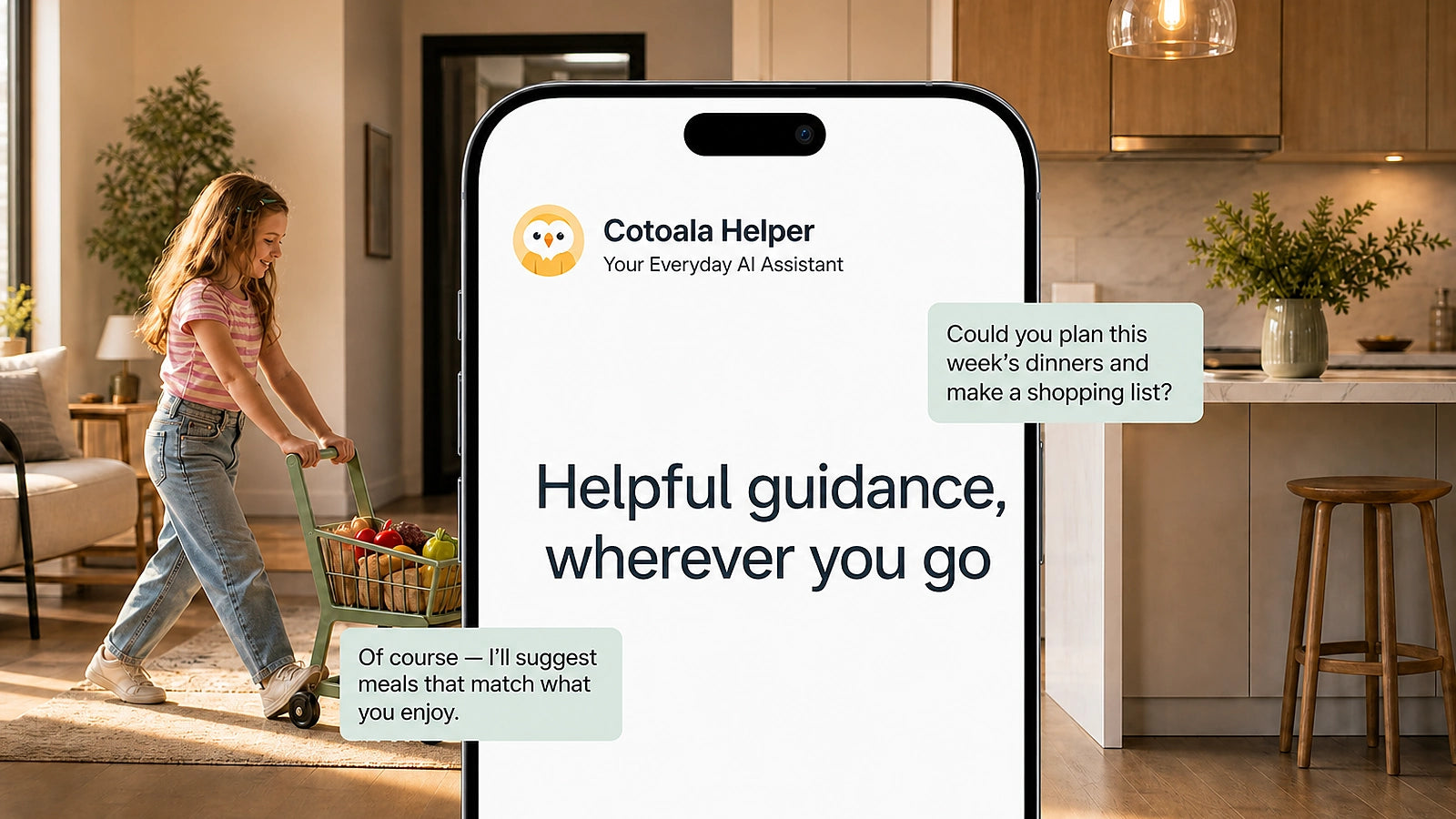 Cotoala Helper AI meal planning assistant beside a child pushing a grocery cart in a home kitchen