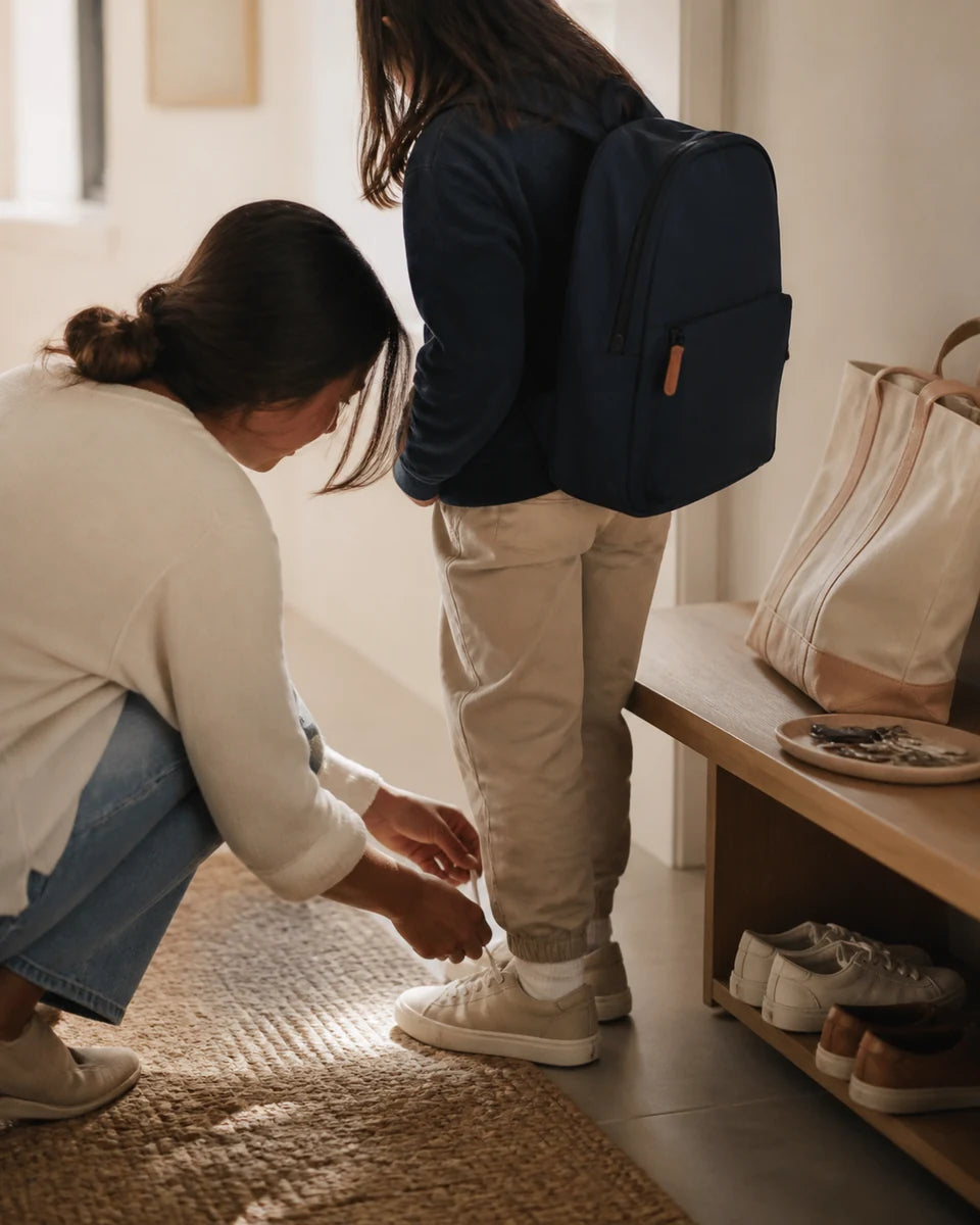 Caring mom helping her young daughter tie her shoes and put on her backpack, preparing for a stress-free school morning routine with Cotoala.

