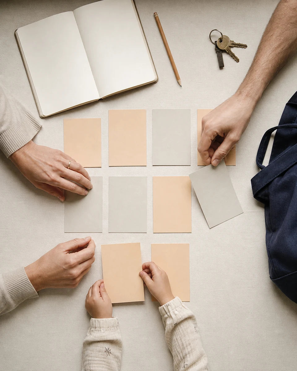 Hands of a family planning out their weekly tasks and routines with visual cards on a table, representing the intuitive Cotoala family display app for daily organization.