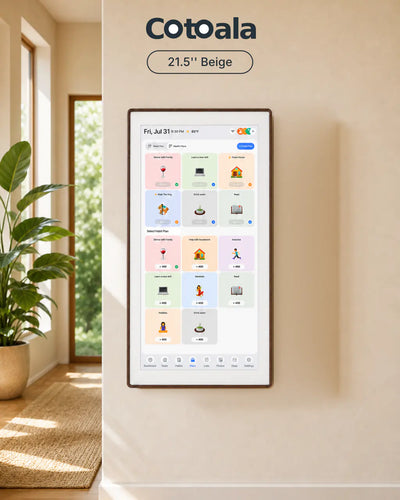 Cotoala 21.5-inch smart family display with a warm walnut frame, a stylish and functional digital calendar for your kitchen counter.