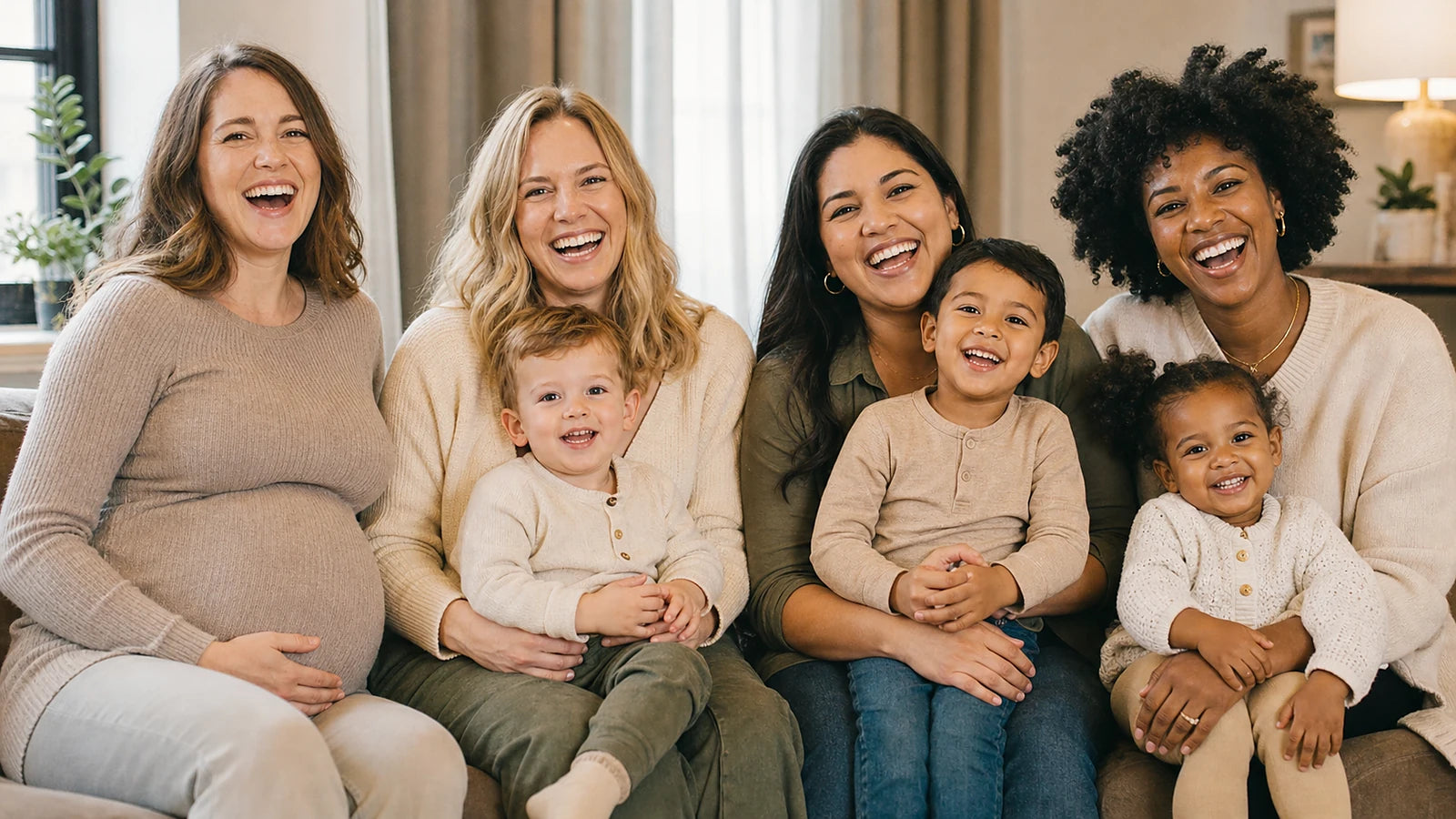 Four diverse mothers and three young children smiling together at home