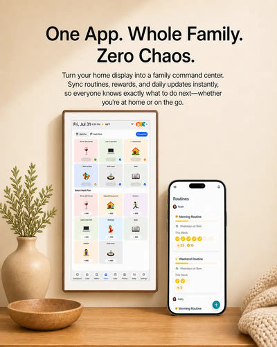 Family command center app syncing routines, rewards, and daily updates across a home display and smartphone.