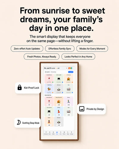 Tall wood-framed family smart display showing daily routines with kid-proof lock, privacy, and soothing sleep mode callouts.