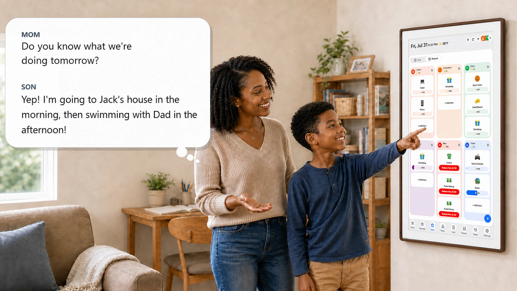 A mother asks her son about tomorrow's plans as he confidently points to their wall-mounted family dashboard with a walnut frame.