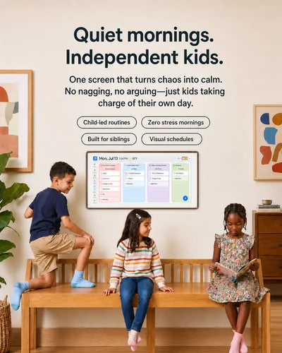 Three children by a wooden bench beneath a wall-mounted family dashboard, with the headline “Quiet mornings. Independent kids.”