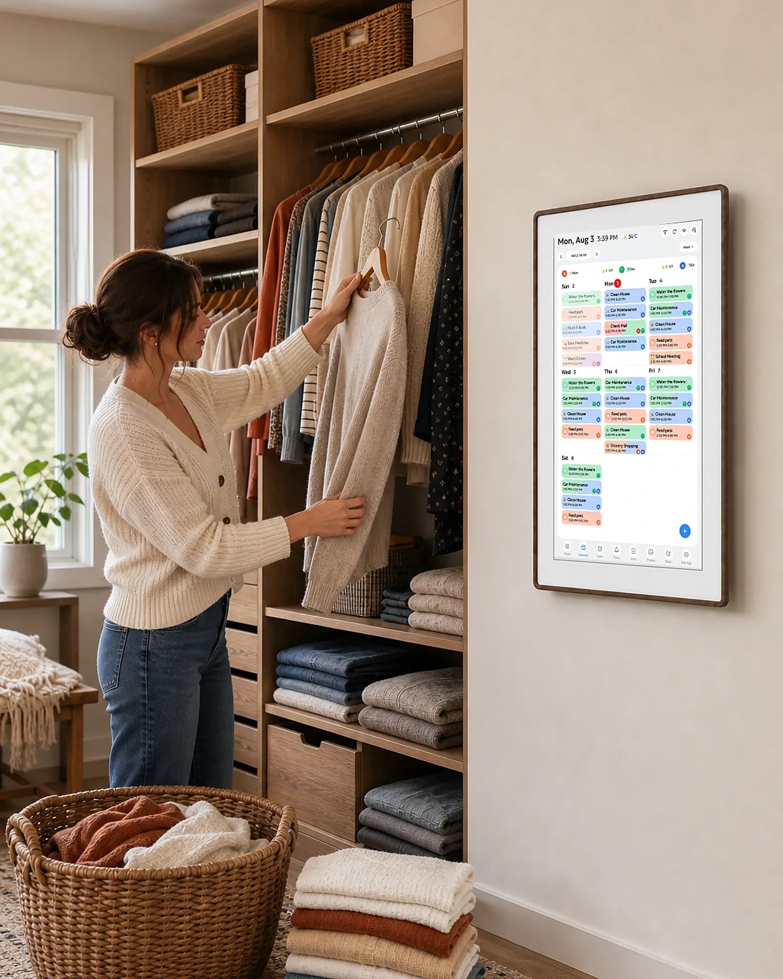 A woman organizes clothes beside a wall-mounted smart family calendar