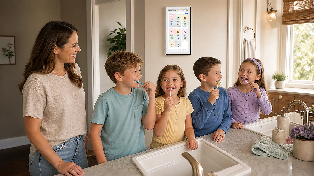 A parent and four children brushing their teeth beside a wall-mounted smart family planner