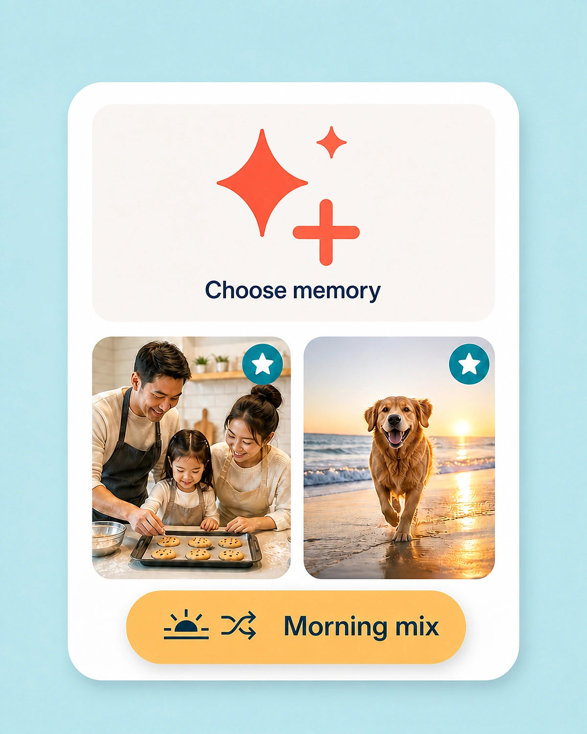 Smart family planner memory feature showing family baking and a dog running on the beach
