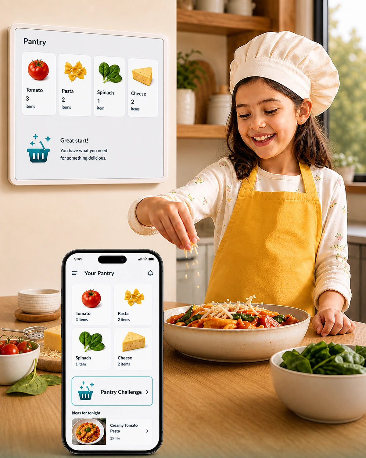 Child cooking pasta with a smart pantry planner shown on a phone and wall display