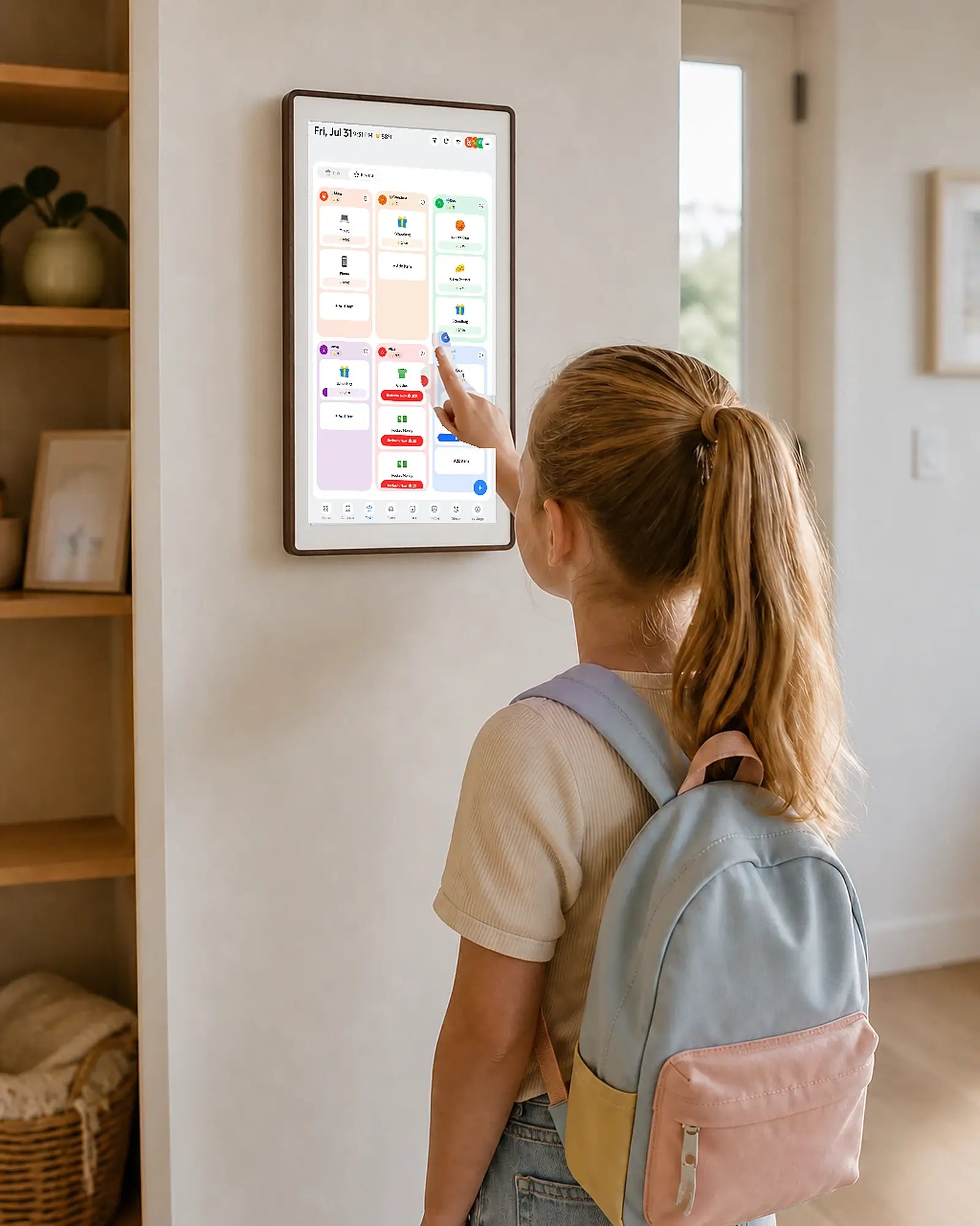 A schoolgirl with a backpack checks tasks on a wall-mounted smart family planner