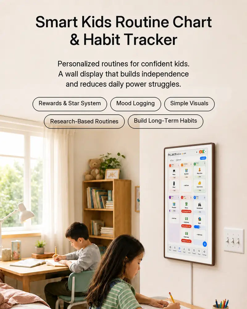 Two children follow personalized routines in a bright shared bedroom, with a wall-mounted Smart Kids Routine Chart and Habit Tracker displaying rewards, moods, and daily habits.