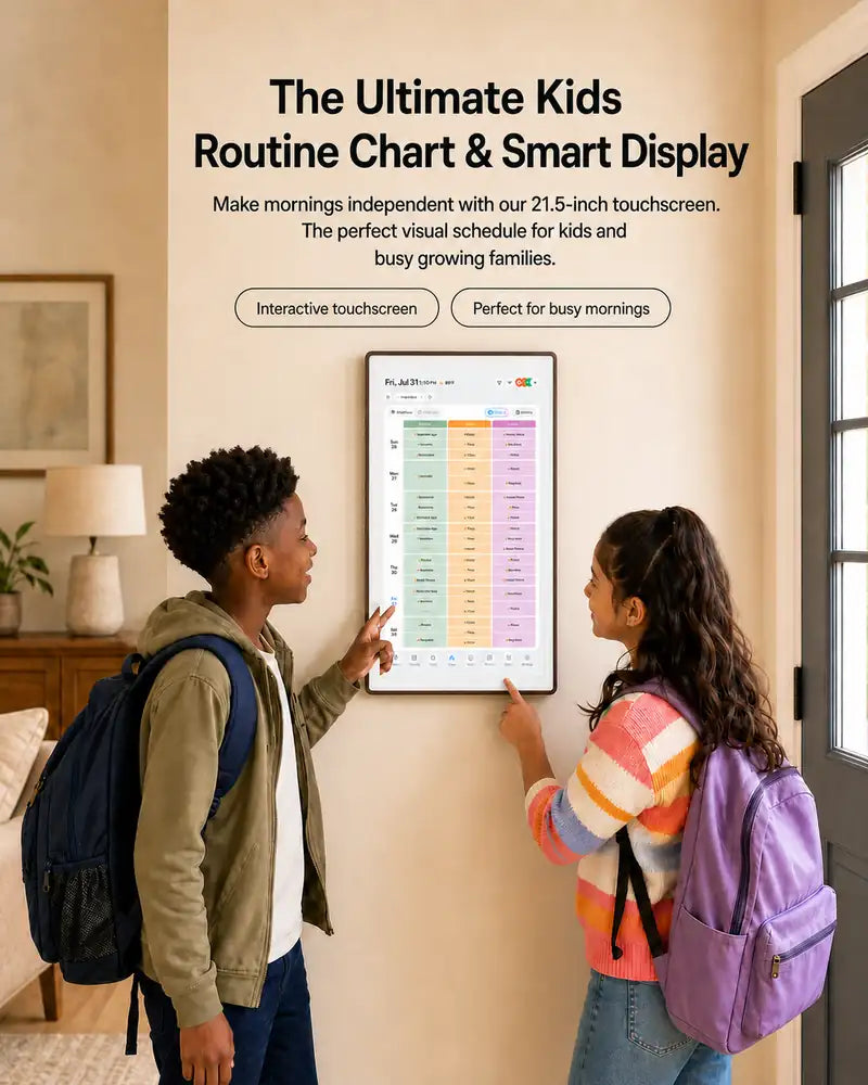 Two children using a 21.5-inch kids routine chart and smart display in a family entryway.
